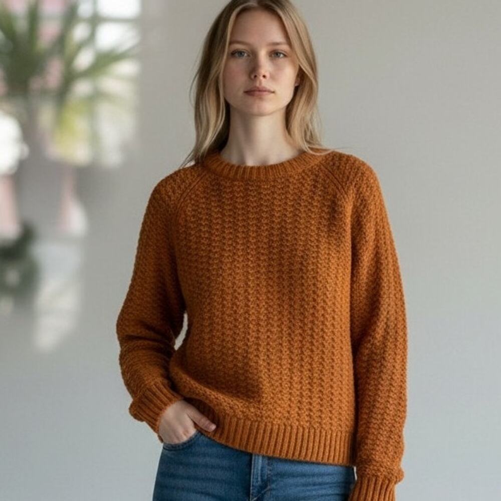 The Odells Pullover Sweater Womens XS Brown Waffle Knit Long Sleeve Crew Neck